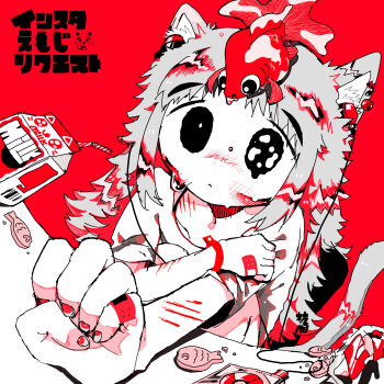 1girl absurdres animal_ears bandaid bandaid_on_finger bandaid_on_hand cat_ears cat_girl cat_tail commission cuts drink_carton edanoma_meu fish food goldfish highres injury long_hair looking_at_another milk_carton original red_background red_theme self-harm short_sleeves solo tail tears