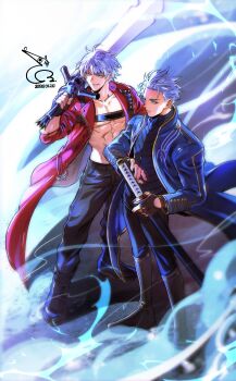 2boys abs absurdres baehee5502 bare_pectorals black_boots black_pants black_shirt blue_coat blue_eyes boots brothers chest_strap coat commentary_request dante_(devil_may_cry) devil_may_cry devil_may_cry_(series) devil_may_cry_3 full_body highres holding holding_sword holding_weapon korean_commentary lapels long_sleeves male_focus multiple_boys open_clothes open_coat pants pectorals red_coat shirt short_hair siblings signature smoke sword twins vergil_(devil_may_cry) weapon white_hair yamato_(sword)