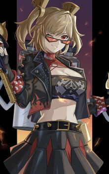 Rule 34 | 1girl, absurdres, black-framed eyewear, black jacket, black skirt, black tube top, blonde hair, breasts, burnice white, commentary request, cropped jacket, fire, flamethrower, highres, holding, holding flamethrower, holding weapon, jacket, large breasts, looking at viewer, looking over eyewear, midriff, one eye closed, parted lips, propane tank, red-tinted eyewear, red eyes, rxo2xs, short twintails, skirt, smile, solo, spiked belt, spiked jacket, strapless, sunglasses, tinted eyewear, tube top, twintails, weapon, zenless zone zero