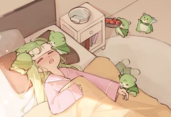 Rule 34 | 1girl, absurdres, bed, bedroom, blanket, blush, bowl, chico (yuzuha riko), closed eyes, commentary request, creature, dot nose, electromocha, fever, fork, green hair, head on pillow, highres, holding, holding bowl, holding fork, korean commentary, long hair, long sleeves, lying, nightstand, on back, on bed, open mouth, pajamas, pillow, pink pajamas, sick, sleeping, sleeves past wrists, stellive, sweat, towel, towel on head, under covers, yuzuha riko