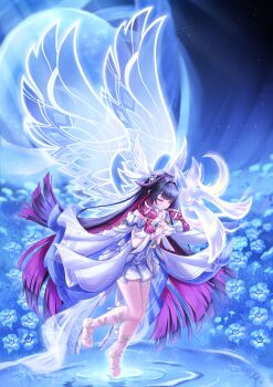 1girl absurdres bare_shoulders barefoot black_hair blue_flower bow closed_eyes columbina_(genshin_impact) commentary dress flower full_body genshin_impact hair_ornament hands_up highres kuma_piv long_hair long_sidelocks luonnotar_(genshin_impact) multicolored_hair own_hands_clasped own_hands_together parted_lips purple_hair revision ripples sidelocks solo toes very_long_hair water white_bow white_dress wing_hair_ornament wings