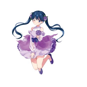 Rule 34 | 1girl, ;), blue eyes, blue hair, blush, closed mouth, detached sleeves, dress, flower, full body, hair flower, hair ornament, hara yui, highres, holding, holding flower, jumping, kin-iro mosaic, komichi aya, lone nape hair, long hair, looking at viewer, mary janes, official art, one eye closed, purple dress, purple flower, purple shoes, see-through clothes, see-through sleeves, shoes, simple background, sleeveless, sleeveless dress, smile, solo, transparent background, twintails