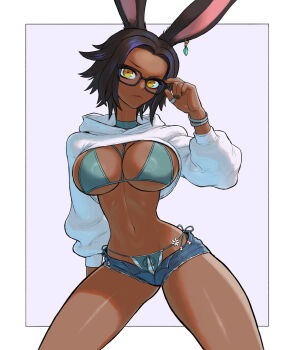 1girl adjusting_eyewear animal_ears arm_behind_back bikini black_hair bracelet breasts brown_eyes closed_mouth clothes_lift commission dark-skinned_female dark_skin dattosan denim denim_shorts earrings frown glasses grey_bikini highres hood hoodie hoodie_lift jewelry large_breasts lips looking_at_viewer nail_polish navel original rabbit_ears rabbit_tail ring short_hair short_shorts shorts single_earring solo stomach swimsuit tail white_hoodie