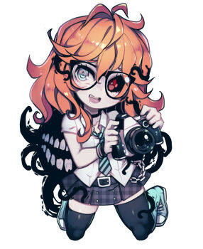 1girl belt black-framed_eyewear black_belt black_sclera black_thighhighs boots camera collared_shirt colored_sclera commentary deformed diagonal-striped_clothes diagonal-striped_necktie english_commentary full_body glasses green_boots green_eyes green_necktie heterochromia holding holding_camera kaz_asteri looking_at_viewer necktie negative_frames open_mouth orange_hair parororo plaid_clothes plaid_skirt red_eyes shirt simple_background skirt solo striped_clothes teeth thighhighs unmoving_pattern upper_teeth_only white_background white_shirt