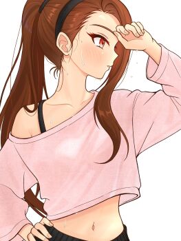 1girl 82k_mugi arm_up armpit_crease black_hairband brown_hair fingernails hairband hand_on_own_hip hashtag-only_commentary highres idolmaster idolmaster_(classic) long_hair long_sleeves looking_to_the_side midriff minase_iori navel parted_lips pink_shirt ponytail profile red_eyes shirt simple_background solo sweat upper_body white_background