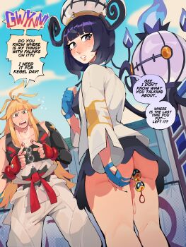 1boy 1girl absurdres anal anal_beads anal_fluid anal_object_insertion black_hair blonde_hair brother_and_sister chandelure coat diforland fire gen_5_pokemon gloves gwynn_(pokemon) hat highres ivor_(pokemon) long_hair long_sleeves mole mole_under_mouth nintendo no_legwear object_insertion open_mouth partially_fingerless_gloves pokemon pokemon_(creature) pokemon_legends:_z-a purple_eyes purple_fire sex_toy short_hair siblings white_coat