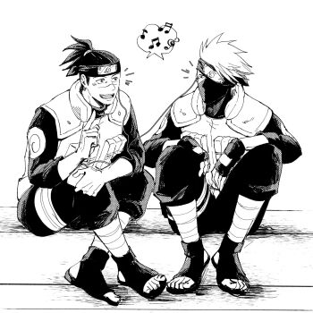 2boys absurdres black_hair earphones flak_jacket forehead_protector hands_on_own_knees hatake_kakashi highres index_finger_raised jacket konohagakure_shinobi_uniform konohagakure_symbol listening_to_music male_focus mask monochrome mouth_mask multiple_boys musical_note naruto_(series) ninja nino_(ninninnino) open_mouth sandals screentones shared_earphones sharing simple_background sitting smile umino_iruka white_background