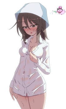 1girl absurdres blush breasts brown_eyes brown_hair cleavage collarbone commentary covered_navel girls_und_panzer highres jinguu_(4839ms) large_breasts mika_(girls_und_panzer) open_mouth shirt simple_background smile solo sweat symbol-only_commentary tulip_hat white_background white_shirt