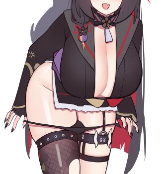 1girl absurdres black_hair black_kimono black_nails black_panties blue_archive blush breasts cleavage colored_inner_hair commentary fang fishnet_thighhighs fishnets fox_girl fox_tail grey_sailor_collar highres huge_breasts japanese_clothes kimono long_hair multicolored_hair open_mouth panties panty_pull red_hair sailor_collar side_slit silenzuka single_thighhigh skin_fang solo symbol-only_commentary tail thigh_strap thighhighs torn_clothes torn_thighhighs two-tone_hair underwear wakamo_(blue_archive)