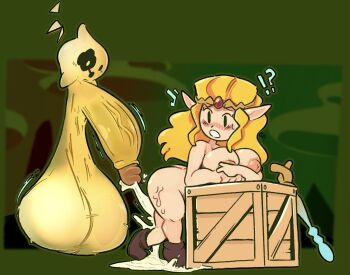 !? 1girl 1other blonde_hair blush breast_press breasts covering_breasts covering_privates crown cum excessive_cum huge_breasts huge_penis huge_testicles long_hair looking_at_viewer monster nintendo nude open_mouth penis pointy_ears precum princess_zelda surprised sweat testicles the_legend_of_zelda veil veins weapon