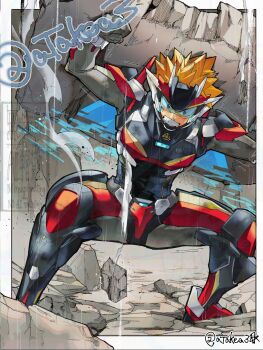 Rule 34 | 1boy, armor, black armor, blonde hair, clenched hands, commentary request, commission, full body, headgear, highres, male focus, original, skeb commission, solo, spiked hair, takeuchi (a3), twitter username