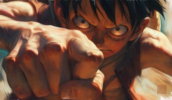 &gt;:( 1boy absurdres angry black_hair clenched_hand facial_scar hand_focus highres male_focus monkey_d._luffy one_piece painting_(medium) realistic scar scar_on_cheek scar_on_chest scar_on_face short_hair sleeveless sleeveless_jacket solo traditional_media upper_body v-shaped_eyebrows whitehogiii