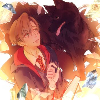 1boy 1other adam's_apple animal black_dog book brown_hair collar dog eyebrows_hidden_by_hair eyelashes facial_scar gryffindor harry_potter_(series) hogwarts_school_uniform holding holding_book looking_at_another male_focus multiple_scars necktie qianchuan0218 remus_lupin robe scar scar_on_cheek scar_on_face scar_on_hand scar_on_nose school_uniform sharp_teeth shirt short_hair sirius_black striped_necktie teeth tongue tongue_out upper_body white_shirt wing_collar wizarding_world