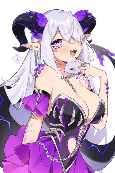 1girl :d absurdres bare_shoulders blush breasts bustier chain cleavage commentary copyright_request ear_piercing english_commentary fangs finger_to_mouth fingernails grey_hair hair_over_one_eye hand_up hayate_fish highres horn_piercing horns jewelry large_breasts layered_skirt long_fingernails long_hair looking_at_viewer nail_polish open_mouth piercing pleated_skirt pointy_ears purple_eyes purple_nails purple_skirt ring sharp_fingernails simple_background skirt smile solo tail very_long_hair virtual_youtuber white_background