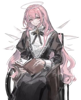 1girl absurdres arknights black_bow black_bowtie black_dress book bow bowtie closed_mouth detached_wings dress earrings hair_between_eyes halo highres holding holding_book jewelry lemuen_(arknights) long_hair long_sleeves looking_at_viewer open_book pink_eyes pink_hair simple_background sitting sketch smile solo traditional_halo white_background white_halo wings zhishi_mao_tiao