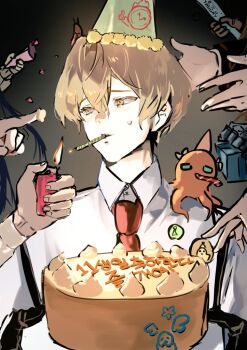 birthday_cake blonde_hair cake candle character_request collared_shirt food happy_birthday hat holding holding_lighter ishmael_(project_moon) lighter limbus_company looking_to_the_side necktie party_hat project_moon red_necktie shirt short_hair simple_background sinclair_(project_moon) solo_focus sweat u3u_sinclair upper_body white_shirt yellow_eyes