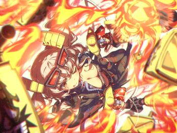 Rule 34 | 1girl, ama rei, black boots, black jacket, black skirt, black tube top, blonde hair, blush, boots, breasts, burnice white, cleavage, commentary request, eyewear on head, fire, flamethrower, from above, highres, holding, holding flamethrower, holding weapon, jacket, large breasts, one eye closed, propane tank, red-tinted eyewear, red eyes, short twintails, skirt, solo, spiked jacket, strapless, sunglasses, thigh boots, tinted eyewear, tongue, tongue out, tube top, twintails, weapon, zenless zone zero