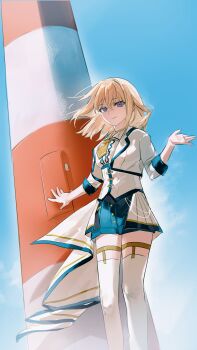 1girl absurdres bang_dream! bang_dream!_it&#039;s_mygo!!!!! blonde_hair blue_shorts chinese_commentary closed_mouth commentary_request floating_hair garter_straps hair_between_eyes hand_up highres jacket lu_bian_de_yecao_zai_changge medium_hair misumi_uika purple_eyes shorts showgirl_skirt skirt sky solo standing three-quarter_sleeves white_background white_jacket white_skirt