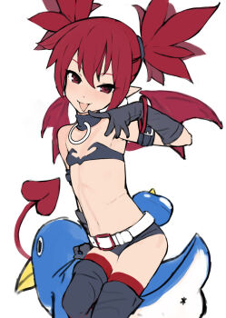 1girl anus ataruman belt blush boots choker demon_girl demon_tail demon_wings disgaea etna_(disgaea) flat_chest highres loli looking_at_viewer micro_shorts naughty_face navel o-ring o-ring_choker pointy_ears prinny red_eyes red_hair red_tail red_wings shorts simple_background sketch smile tail thigh_boots tongue tongue_out white_background wings