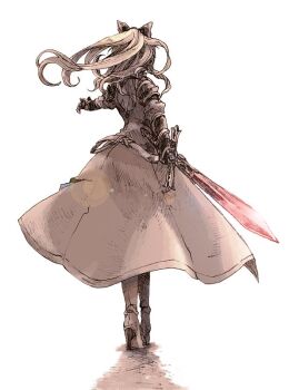 1girl blonde_hair bow dress female_focus from_behind gauntlets granblue_fantasy hair_bow high_heels michibata_65 ponytail red_sword shadow solo sword vira_(granblue_fantasy) weapon