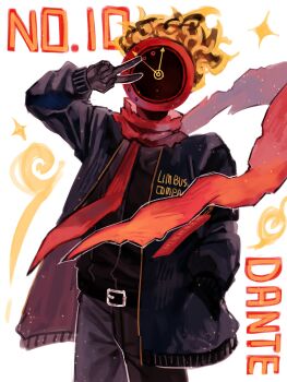 alternate_costume analog_clock belt black_belt black_gloves black_jacket black_pants black_shirt casual character_name clock company_name dante_(limbus_company) flaming_head glitter gloves hand_in_pocket highres jacket limbus_company necktie object_head pants project_moon red_necktie red_scarf scarf shirt simple_background sparkle starhoshi v