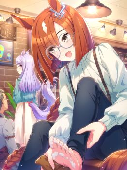 1boy 2girls absurdres animal_ears aqua_sweater arm_belt artist_request back_bow barefoot belt blue_pants blunt_bangs blunt_ends bob_cut bow braid brick_wall brown_belt brown_corset brown_eyes buckle casual ceiling ceiling_light collared_shirt corset dot_nose ear_ornament eyelashes facial_hair fingernails game_cg glasses grey-framed_eyewear grey_hair grey_shirt hair_ornament happy highres holding_rag horse_ears horse_girl horse_tail horseshoe ikuno_dictus_(casual)_(umamusume) ikuno_dictus_(umamusume) indoors light_blush light_particles light_smile long_hair long_sleeves looking_at_another looking_back medium_skirt mejiro_mcqueen_(casual)_(umamusume) mejiro_mcqueen_(umamusume) multicolored_hair multiple_girls mustache official_art old old_man open_mouth orange_hair pants pleated_skirt pointy_nose puffy_long_sleeves puffy_sleeves purple_eyes purple_hair red_bow round_eyewear shirt single_braid sitting skirt smile soles streaked_hair suspenders sweater tail tail_raised tile_ceiling tiles toenails toes turtleneck turtleneck_shirt umamusume very_long_hair washing_feet white_shirt white_skirt