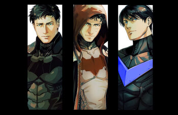 3boys batman batman:_arkham_(series) batman:_arkham_knight batman_(series) black_bodysuit black_border black_hair blue_bodysuit blue_eyes bodysuit border bruce_wayne closed_mouth dc_comics dick_grayson grey_bodysuit grey_shirt highres hood hood_up jacket jason_todd male_focus multiple_boys nichasheng nightwing open_clothes open_jacket red_hood_(dc) red_jacket shirt short_hair simple_background smile upper_body
