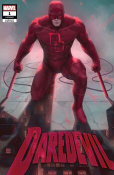 Rule 34 | 1boy, absurdres, bodysuit, boots, character logo, character name, city, comic cover, company name, copyright logo, copyright name, cover, cover page, covered pectorals, daredevil, daredevil (series), ejikure, escrima sticks, fake horns, gloves, glowing, glowing eyes, highres, horns, logo, looking at viewer, male focus, marvel, mask, matt murdock, muscular, muscular male, official art, on one knee, pectorals, red bodysuit, red boots, red eyes, red gloves, red horns, red mask, signature, solo