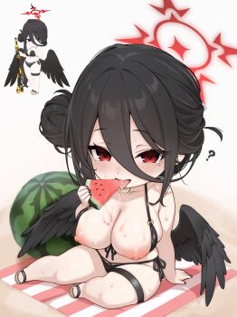 1girl 3d ? absurdres angel_wings beach_mat bikini black_bikini black_hair black_wings blue_archive blush breasts breasts_out chibi chinese_commentary commentary_request eating feathered_wings food front-tie_bikini_top front-tie_top fruit hair_between_eyes hair_bun halo hasumi_(blue_archive) hasumi_(swimsuit)_(blue_archive) highleg highleg_bikini highres holding holding_food holding_fruit holding_watermelon long_hair long_hair_between_eyes looking_at_viewer loosely_tucked_bangs nipples official_alternate_costume official_alternate_hairstyle oversized_wings red_eyes red_halo schjuice simple_background sitting swimsuit tongue tongue_out watermelon watermelon_slice white_background wings