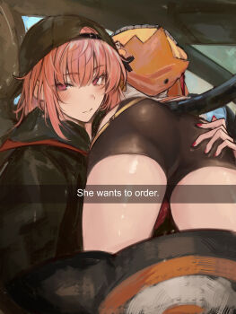 2girls absurdres ass backwards_hat baseball_cap bike_shorts black_hat black_jacket black_shorts black_tail blunt_bangs blush car_interior closed_mouth commentary drive-thru english_text fingernails gigi_murin gigi_murin_(1st_costume) grabbing_another's_ass groping hat he_wants_to_order_(meme) highres hololive hololive_english hood hooded_jacket hoodie jacket long_hair looking_at_viewer meme mori_calliope mori_calliope_(new_underworld_order) multiple_girls naokomama orange_hoodie pink_eyes pink_hair red_nails selfie shorts side-view_mirror snapchat vehicle_interior virtual_youtuber