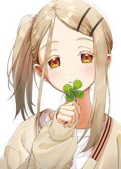 1girl blonde_hair blush brown_jacket closed_mouth clover colored_eyelashes commentary earrings four-leaf_clover gakuen_idolmaster gradient_hair grey_hair hair_ornament hairclip hand_up highres holding holding_clover idolmaster jacket jewelry kaiso_(kaisooekaki) lone_nape_hair long_sleeves multicolored_hair orange_eyes parallel_hairclips parted_bangs shinosawa_hiro shirt side_ponytail simple_background sleeves_past_wrists smile solo stud_earrings symbol-only_commentary upper_body white_background white_shirt