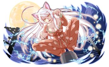 1girl animal_ear_fluff animal_ears animal_print artist_request bakemonogatari bakeneko black_hanekawa blue_sky breasts cable cat_ears cat_girl cat_print cel_shading cleavage cloud cloudy_sky collarbone collared_pajamas crash_fever electricity fingernails full_body full_moon game_cg hair_between_eyes hanekawa_tsubasa large_breasts legs_apart light_particles long_hair looking_at_viewer midriff_peek monogatari_(series) moon night night_sky official_art official_style orange_pajamas outline pajamas partially_unbuttoned paw_pose print_pajamas red_outline simple_background single_bare_shoulder sky sleeve_cuffs slit_pupils solo squatting tachi-e transparent_background utility_pole v-shaped_eyebrows yellow_collar yellow_eyes yellow_moon