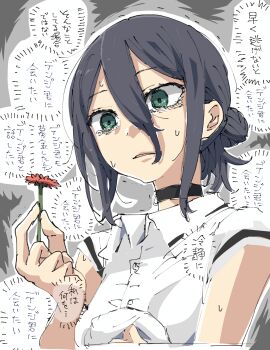 1girl black_choker black_hair chainsaw_man choker flower gaihan_umeboshi_mitchell green_eyes grenade_pin hair_between_eyes hair_bun highres holding holding_flower polo_shirt red_flower reze_(chainsaw_man) shirt solo sweat translation_request white_shirt