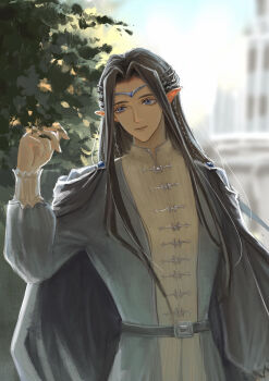 Rule 34 | 1boy, arm up, belt, belt buckle, black hair, blue eyes, braid, buckle, cape, circlet, closed mouth, elf, fingolfin, frilled sleeves, frills, gem, jewelry, large ears, long hair, male focus, moriolor, parted bangs, pointy ears, solo, the silmarillion, tolkien's legendarium, upper body