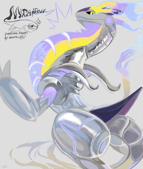 Rule 34 | ^^^, alternate color, animal focus, artist name, black sclera, character name, colored sclera, english text, from behind, grey background, hand up, looking at viewer, looking back, miraidon, nintendo, no humans, open mouth, pokemon, pokemon (creature), shiny pokemon, shiny skin, signature, simple background, solo, twitter username, yellow eyes, yueryu (taroyuer2)