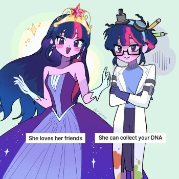 Rule 34 | 2girls, :d, bare shoulders, black-framed eyewear, black hair, blue sweater, blush, breasts, center-flap bangs, closed mouth, coat, colored skin, cowboy shot, crossed arms, double-parted bangs, dress, dual persona, earrings, element of magic, elements of harmony, english text, eyebrows hidden by hair, glasses, gloves, goggles, goggles on head, gold tiara, green background, hair between eyes, hair bun, hands up, hashtag-only commentary, highres, index finger raised, jewelry, lab coat, lapels, long dress, long hair, long skirt, long sleeves, meme, multiple girls, my little pony, my little pony: equestria girls, my little pony: friendship is magic, official alternate costume, official alternate hair length, official alternate hairstyle, open clothes, open coat, open mouth, pantyhose, pencil, pink hair, pink skin, pleated skirt, purple dress, purple eyes, purple gloves, purple hair, purple pantyhose, purple skirt, rectangular eyewear, ridumax, sci-twi, semi-rimless eyewear, short hair, sidelocks, simple background, single hair bun, skirt, small breasts, smile, sparkle, standing, straight hair, strapless, strapless dress, sweater, teardrop earrings, tiara, tsurime, turtleneck, turtleneck sweater, twilight sparkle, twilight sparkle (human), twitter username, very long hair, white coat, white gloves