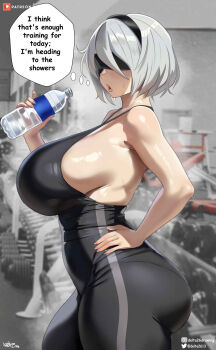 1girl 2b_(nier:automata) black_hairband black_unitard blindfold blush bottle breasts delta26 gym hairband hand_on_own_hip highres holding holding_bottle huge_breasts nier:automata nier_(series) open_mouth patreon_logo shiny_skin short_hair sideboob signature solo standing twitter_username unitard water_bottle white_hair