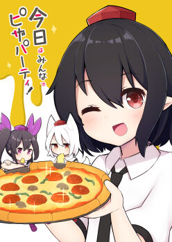 Rule 34 | 3girls, animal ear fluff, animal ears, black hair, black necktie, black trim, blush, bow, commentary request, cover, cover page, detached sleeves, dot nose, double-parted bangs, eating, food, hair between eyes, hair bow, hat, highres, himekaidou hatate, holding, holding tray, inubashiri momiji, looking at viewer, medium hair, multiple girls, necktie, one eye closed, open mouth, pepperoni, pepperoni pizza, pizza, pizza crust, pointy ears, puffy short sleeves, puffy sleeves, purple bow, purple eyes, purple hat, red eyes, red hat, saisoku no yukkuri, shameimaru aya, shirt, short sleeves, smile, solo focus, sparkle, swept bangs, tail, tokin hat, touhou, translation request, tray, twintails, two-tone background, upper body, v-shaped eyebrows, white background, white hair, white shirt, wolf ears, wolf girl, wolf tail, yellow background