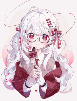 Rule 34 | 1girl, ahoge, blush, bow, brown sweater vest, chon (chon33v), closed mouth, collared shirt, commentary, cropped torso, dot nose, glasses, hair bow, hair intakes, highres, jacket, long hair, long sleeves, looking at viewer, necktie, off shoulder, original, plaid bow, red bow, red eyes, red jacket, red necktie, semi-rimless eyewear, shirt, signature, smile, solo, striped clothes, sweater vest, teardrop-framed glasses, under-rim eyewear, untranslatable commentary, vertical-striped clothes, vertical-striped necktie, white hair, white shirt