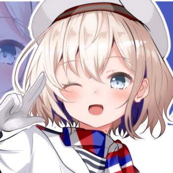 1girl blonde_hair blue_eyes blue_hair colored_inner_hair gloire_(kancolle) hat highres himura_moritaka kantai_collection multicolored_hair multicolored_neckerchief neckerchief one_eye_closed salute short_hair smile solo striped_neckerchief two-tone_hair upper_body white-sailor_collar white_hat zoom_layer