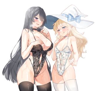 2girls :d :q black_hair black_one-piece_swimsuit black_thighhighs blonde_hair blue_eyes clothing_cutout commentary_request hair_over_one_eye hat highres korean_commentary long_hair monokini multiple_girls navel navel_cutout one-piece_swimsuit open_mouth original simple_background smile swimsuit thighhighs tongue tongue_out white_background white_hat white_one-piece_swimsuit white_thighhighs witch_hat yeoleum