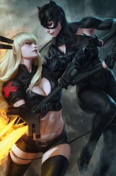 2girls black_bodysuit blonde_hair bodysuit breasts catwoman cleavage crossover dc_comics highres holding holding_sword holding_weapon incoming_attack looking_at_another magik_(x-men) marvel multiple_girls selina_kyle short_shorts shorts stanley_lau sword weapon x-men