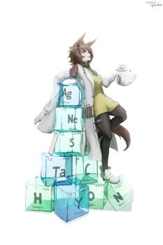 1girl absurdres agnes_tachyon_(tach-nology)_(umamusume) agnes_tachyon_(umamusume) ahoge animal_ears black_necktie black_pantyhose boots breasts brown_hair chemical_structure coat commentary cork cup earrings english_commentary hair_between_eyes highres holding holding_saucer horse_ears horse_girl horse_tail jewelry lab_coat long_sleeves medium_hair necktie pantyhose periodic_table red_eyes rika-kiyoshi saucer shirt short_necktie single_earring sleeves_past_fingers sleeves_past_wrists solo sweater sweater_vest tail teacup test_tube umamusume white_boots white_coat wolf_cut yellow_sweater yellow_sweater_vest