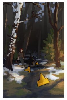 Rule 34 | 1girl, absurdres, black pants, border, brown sweater, commentary, forest, gnom na korable, highres, medium hair, morning, nature, original, pants, path, red eyes, red hair, road, scenery, sitting, snow, solo, sweater, thermos, traffic cone, white border, wide shot