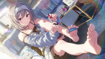 1girl applying_pedicure bare_legs bare_shoulders barefoot bed breasts collarbone cosmetics dutch_angle feet foot_focus foreshortening game_cg gold_trim grey_hair hair_between_eyes hairband idoly_pride indoors jewelry kanzaki_rio knee_up lace_trim legs lens_flare looking_at_viewer medium_hair nail_polish nail_polish_bottle nail_polish_brush necklace official_art on_ground purple_eyes shadow sitting small_breasts smile soles solo strap_slip third-party_source toenail_polish toenails toes white_hairband window