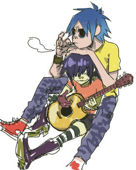 1boy 1girl 2d_(gorillaz) a-ka acoustic_guitar blue_hair boots denim empty_eyes gloves gorillaz guitar hair_over_one_eye high_tops instrument jeans noodle_(gorillaz) pants shirt shoes shorts simple_background single_glove sitting smoking sneakers stuart_pot t-shirt upturned_nose white_background