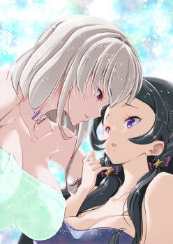 2girls bare_shoulders black_hair breasts choker commentary_request grey_hair hair_ornament hamuhamu imminent_kiss kimi_to_idol_precure large_breasts leaning_forward long_hair looking_at_another meroron_(civilian)_(precure) multiple_girls naked_towel open_mouth partial_commentary precure purirun_(civilian)_(precure) purple_eyes red_eyes short_hair sparkle sparkle_background towel wet yuri