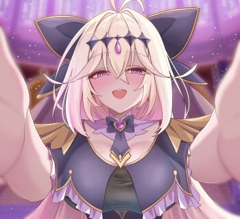 Rule 34 | 1girl, absurdres, alternate breast size (larger), antenna hair, black capelet, black dress, blonde hair, blush, breasts, capelet, commentary request, cure arcana shadow, diamond hairband, dress, hair intakes, highres, kennedukennedy1, large breasts, long hair, looking at viewer, magical girl, meitantei precure!, moria luluka, open mouth, precure, purple eyes, purple veil, smile, solo, veil
