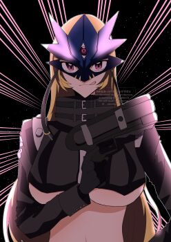 1girl absurdres beelstarmon belt black_background black_belt black_coat black_gloves black_vest blonde_hair blue_mask breasts coat commentary cropped_vest digimon digimon_(creature) emphasis_lines eye_mask gloves gun highres holding holding_gun holding_weapon large_breasts leather long_hair looking_at_viewer mask multiple-barrel_gun navel open_clothes open_coat purple_eyes sidelocks solo standing stomach third_eye tongue tongue_out underboob upper_body vest watermark weapon zuhana