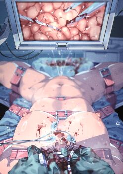 1girl absurdres brain breasts commentary_request exposed_brain female_ejaculation guro highres huyunokure loli medium_breasts navel nipples nude original pov pov_hands restrained solo_focus spread_legs surgery tagme textless_version